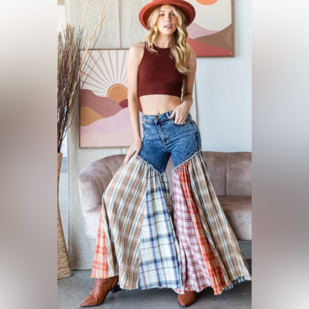 Oli & Hali Sz XL Patchwork Wide Leg Jeans with Multicolor Plaid Panels